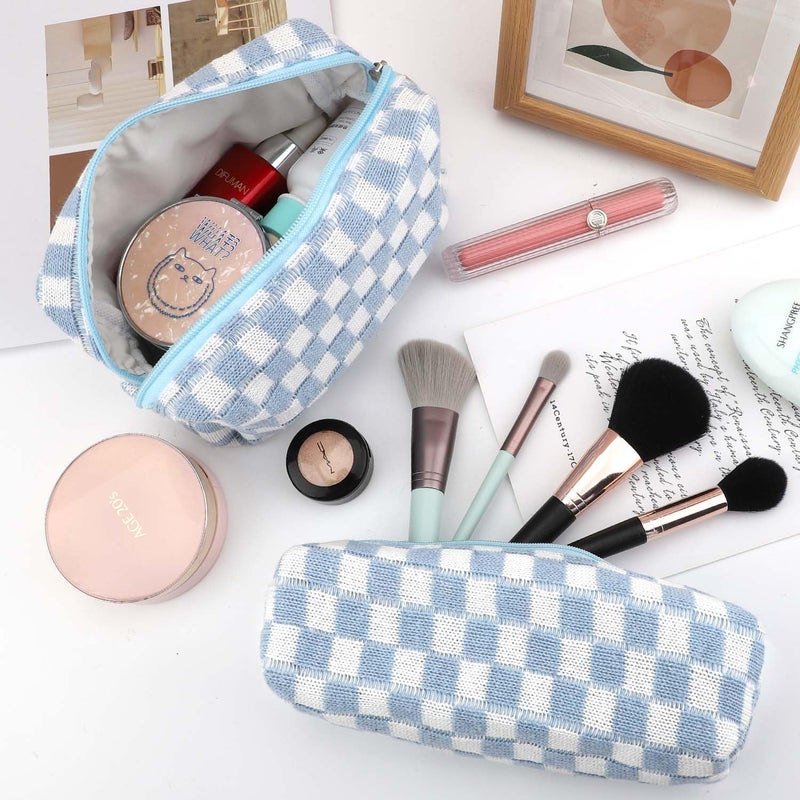 EIMMBD Makeup Bag 3 Pieces Large Capacity Checkered Cosmetic Bag Canvas Travel Toiletry Bag Organizer Cute Makeup Bag Pouch Storage Bag for Women(Blue) - Image 2
